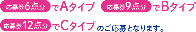 応募券6点分でAタイプ、応募券9点分でBタイプ、応募券12点分でCタイプのご応募となります。