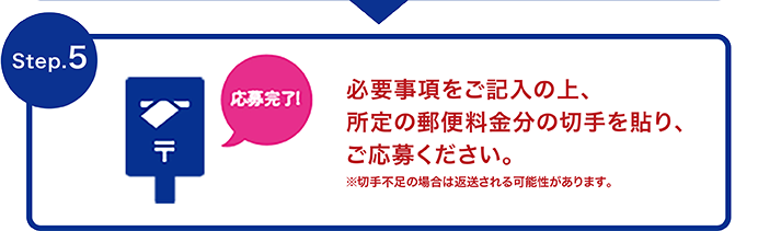 Step.5 必要事項をご記入の上、所定の郵便料金分の切手を貼り、ご応募ください。※切手不足の場合は返送される可能性があります。