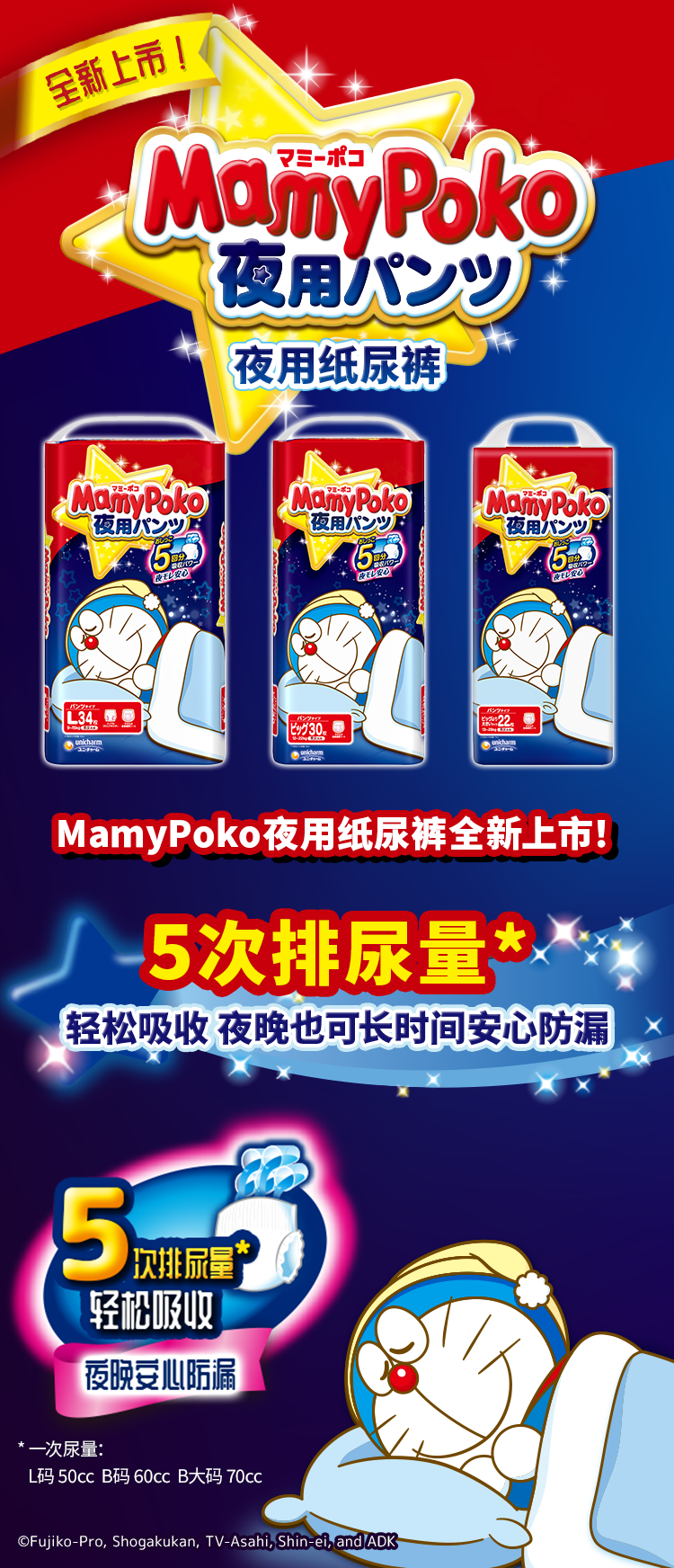 MamyPoko夜用纸尿裤全新上市！5次排尿量* 轻松吸收 夜晚也可长时间安心防漏