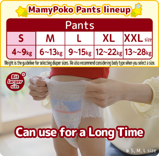 MamyPoko Pants lineup, S:4-9kg, M:6-13kg, L:9-15kg, XL:12-22kg, XXL:13-28kg