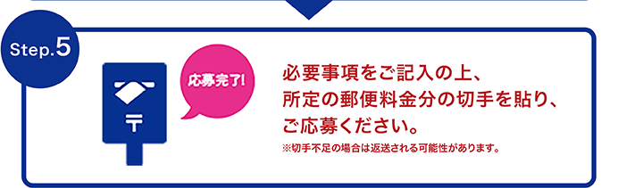 Step.5 必要事項をご記入の上、所定の郵便料金分の切手を貼り、ご応募ください。※切手不足の場合は返送される可能性があります。